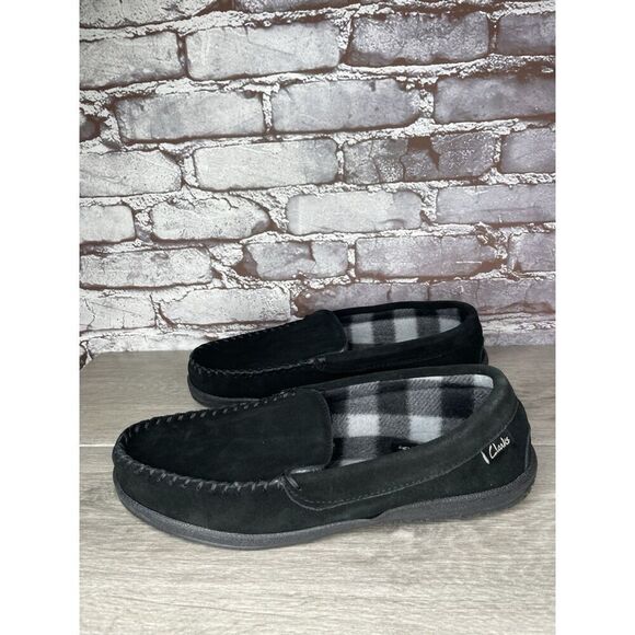 Clarks Venetian Black Suede Fur Lined Slip On Loafer Moccasin Slippers Men’s 10M - Picture 3 of 16